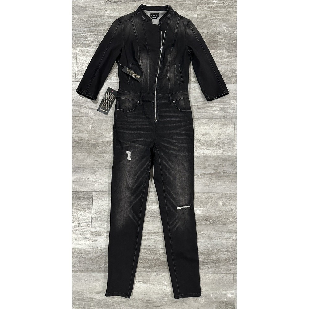 NEW bebe Grey Denim Moto Jumpsuit Womens Size 28 Slim Skinny Fit Front Zipper